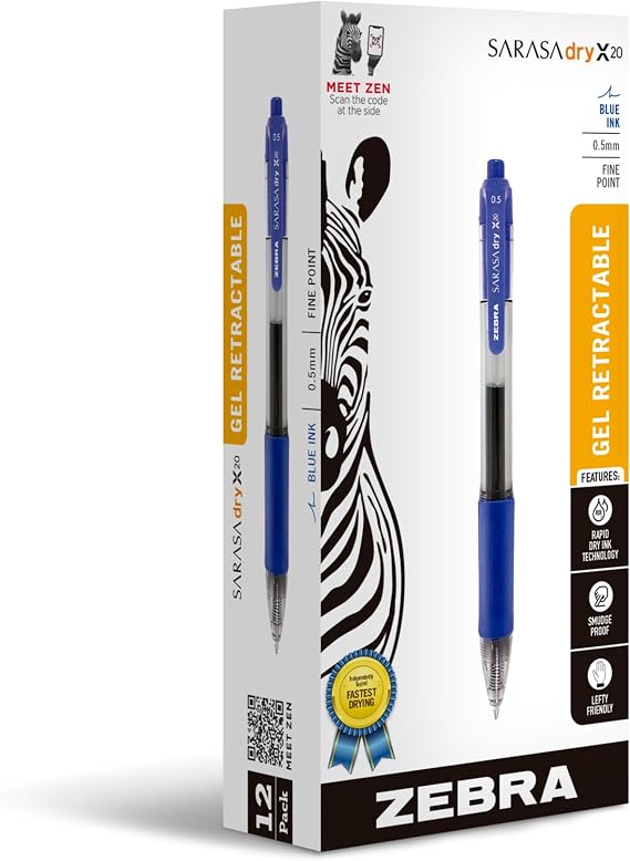 Zebra Pen SARASA X20 Retractable Gel Pen, Blue Ink, 0.7mm, 12-Pack | Rapid-Dry Ink, Smear-Resistant, Ideal for Left-Handed Writers, Note-Taking, Office, School Supplies, Medium Point Tip (46820)