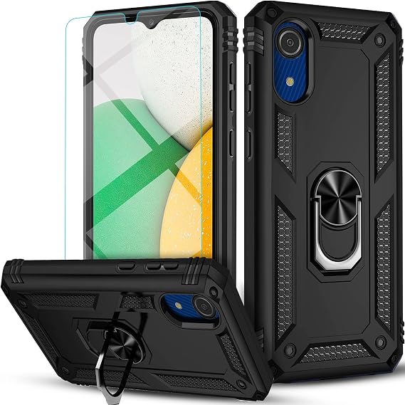 STARSHOP Compatible with Samsung Galaxy A03 Core Case, with [Tempered Glass Screen Protector Included], Military Grade Shockproof Protective Phone Cover with Kickstand - Black