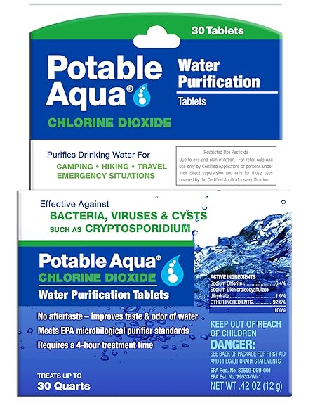 potable aqua Chlorine Dioxide Water Purification Tablets - 30 Count, Blue, (3093) | Purification
